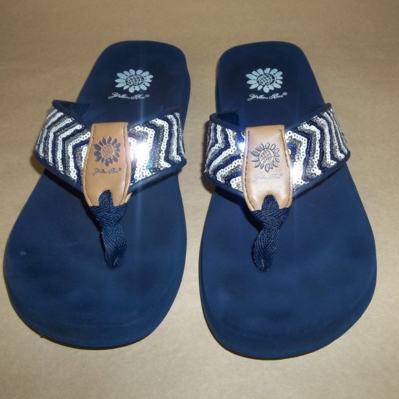 yellow box blue sequin flip flops